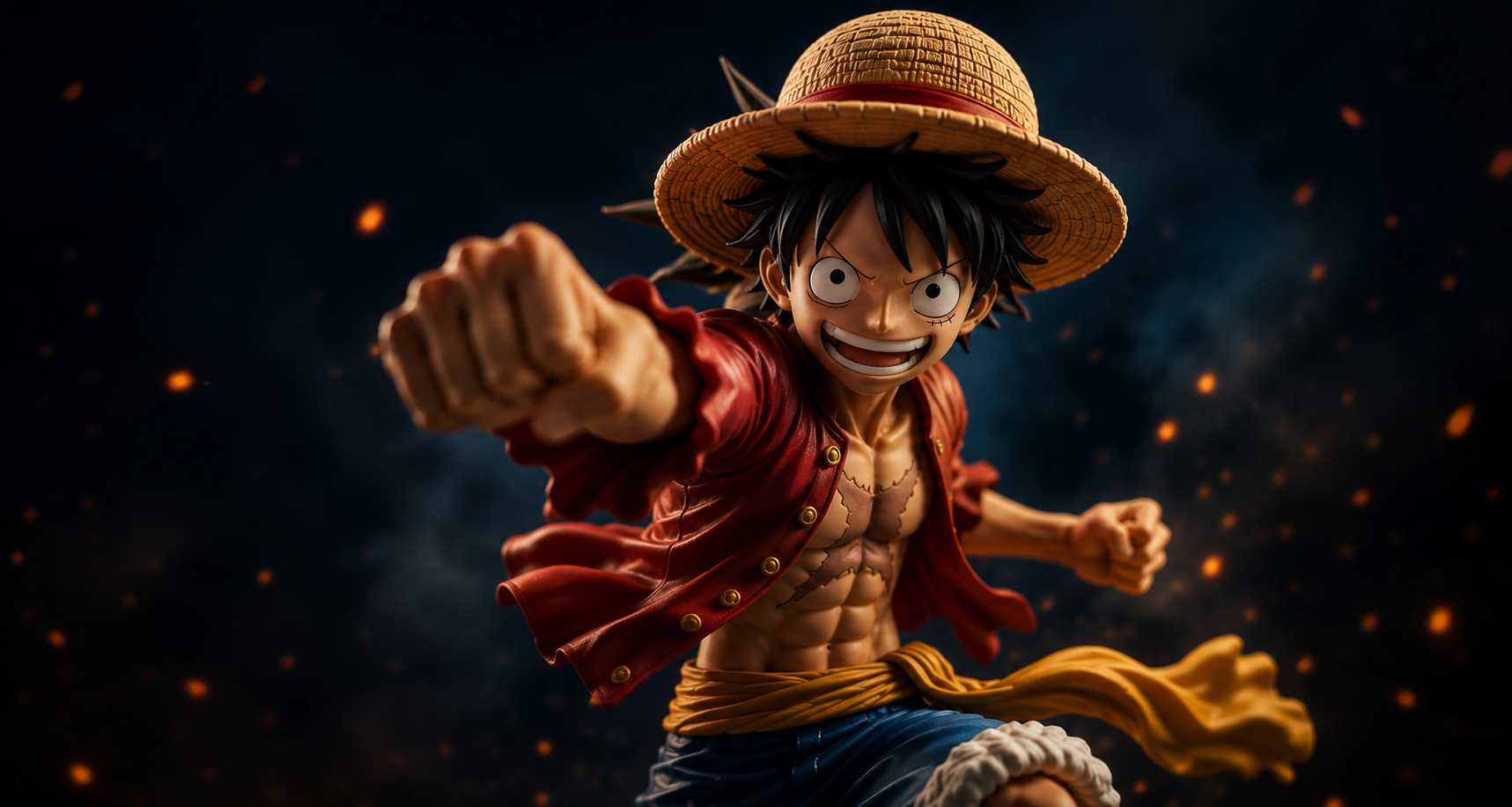 Estátua colecionável do Monkey D. Luffy usando chapéu de palha, punho estendido, imagem de destaque da Hiroshi Geek